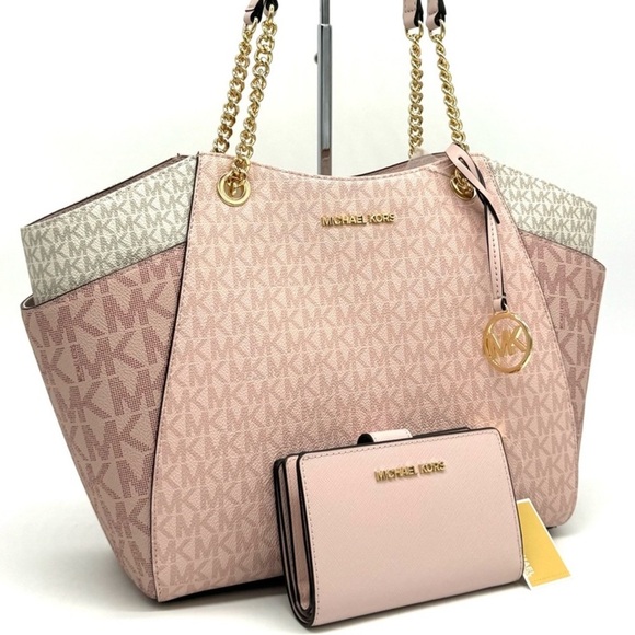 Michael Kors Large JST Chain Shoulder Bag & Bifold Zip Chain Wallet Powder - Picture 3 of 13